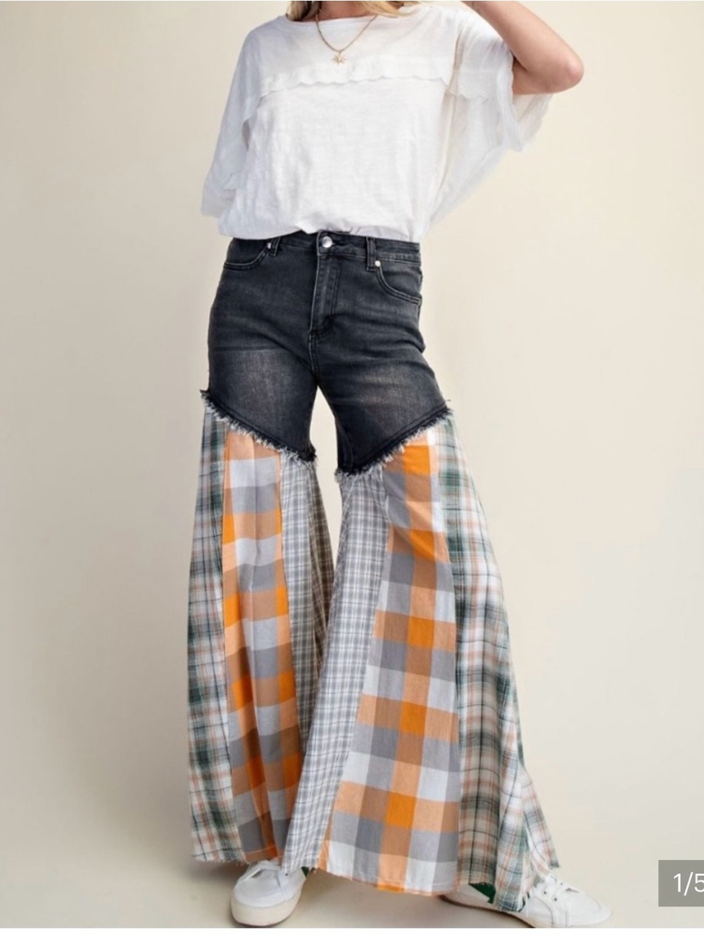 Easel High-Waist Plaid Patchwork Flare Jeans - Black & Orange